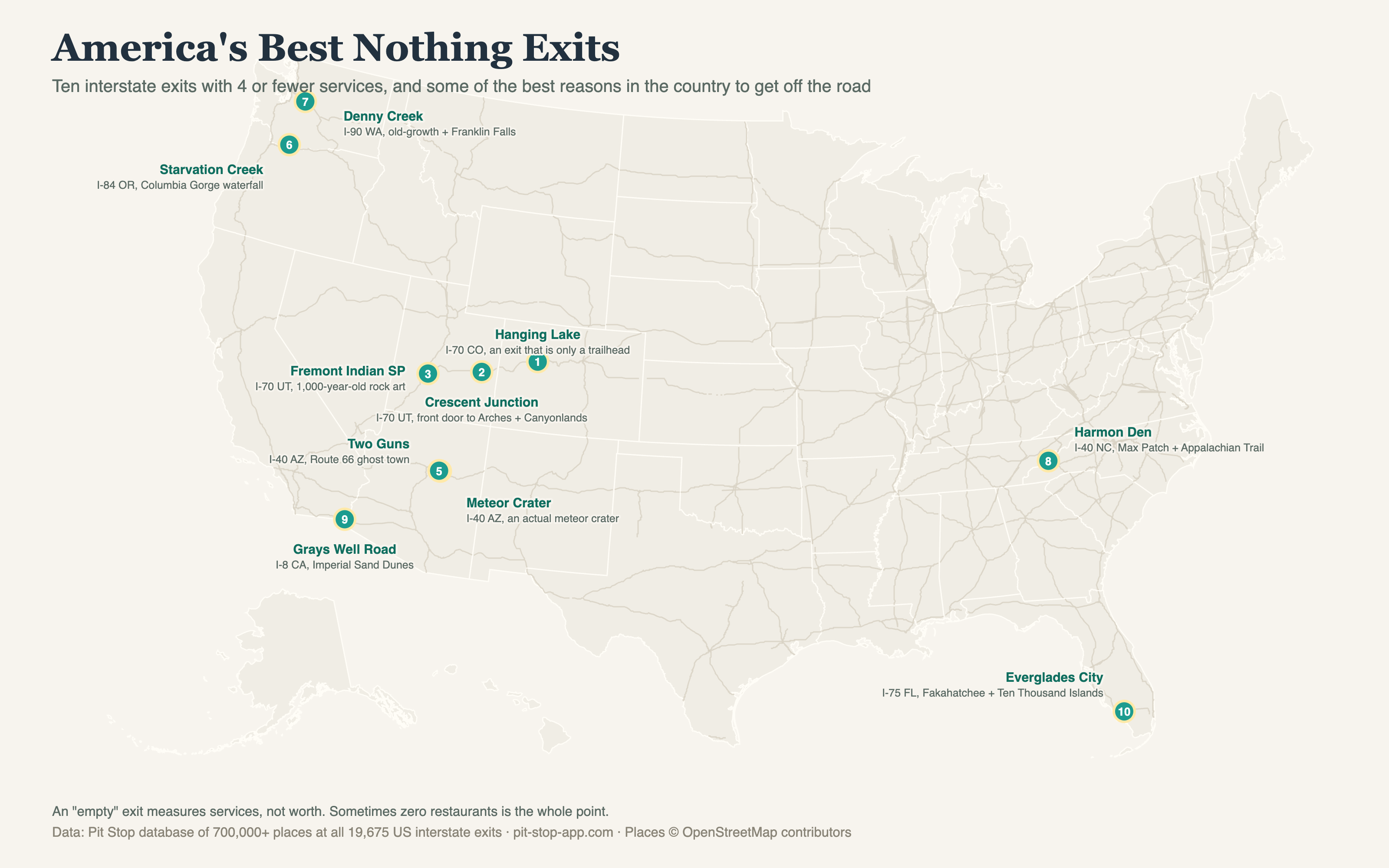 Map of ten US interstate exits with 4 or fewer services that lead to national parks, trailheads, ghost towns and wilderness