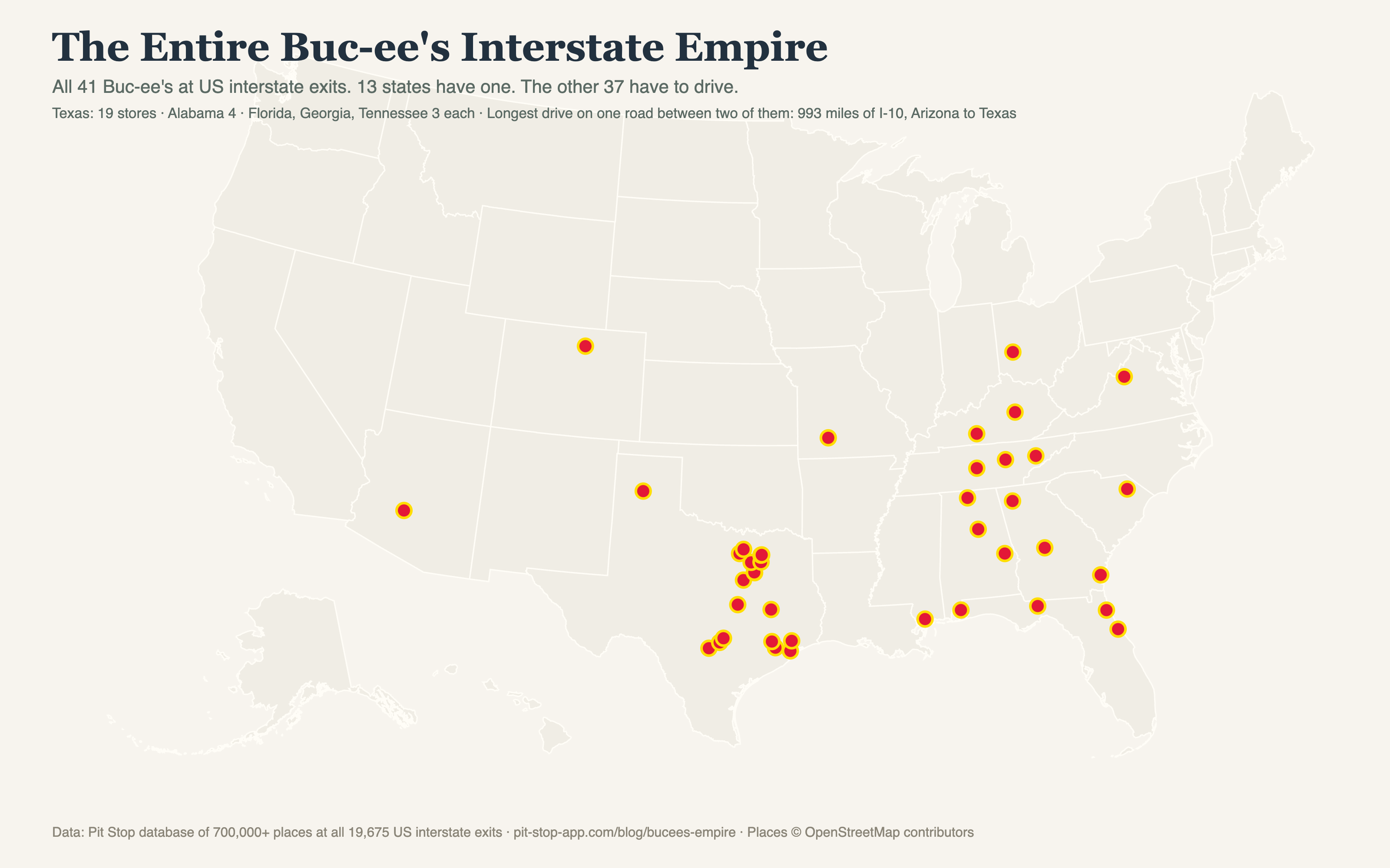 Map of every Buc-ee's at a US interstate exit