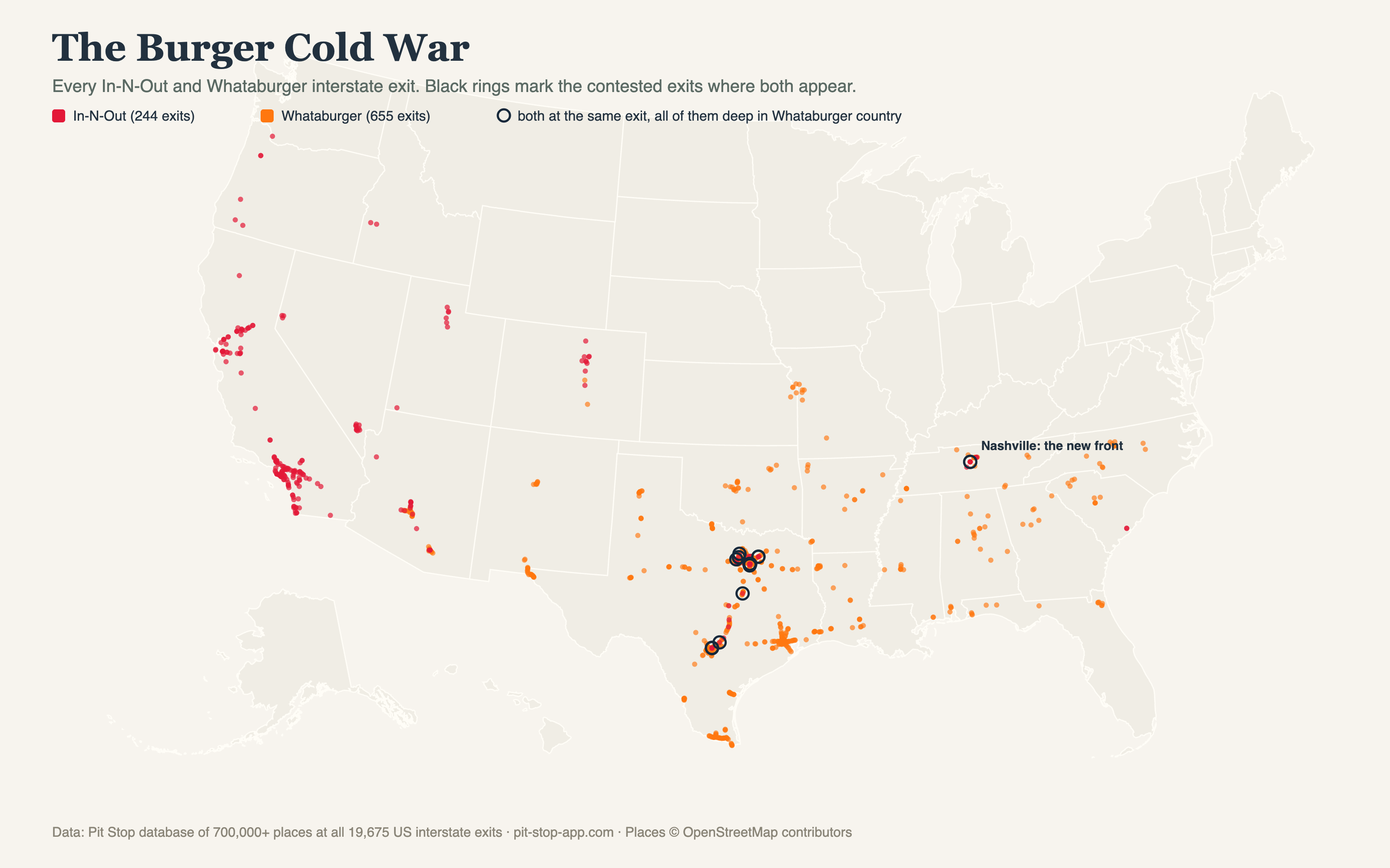 US map of every In-N-Out and Whataburger interstate exit with black rings on the contested exits where both appear
