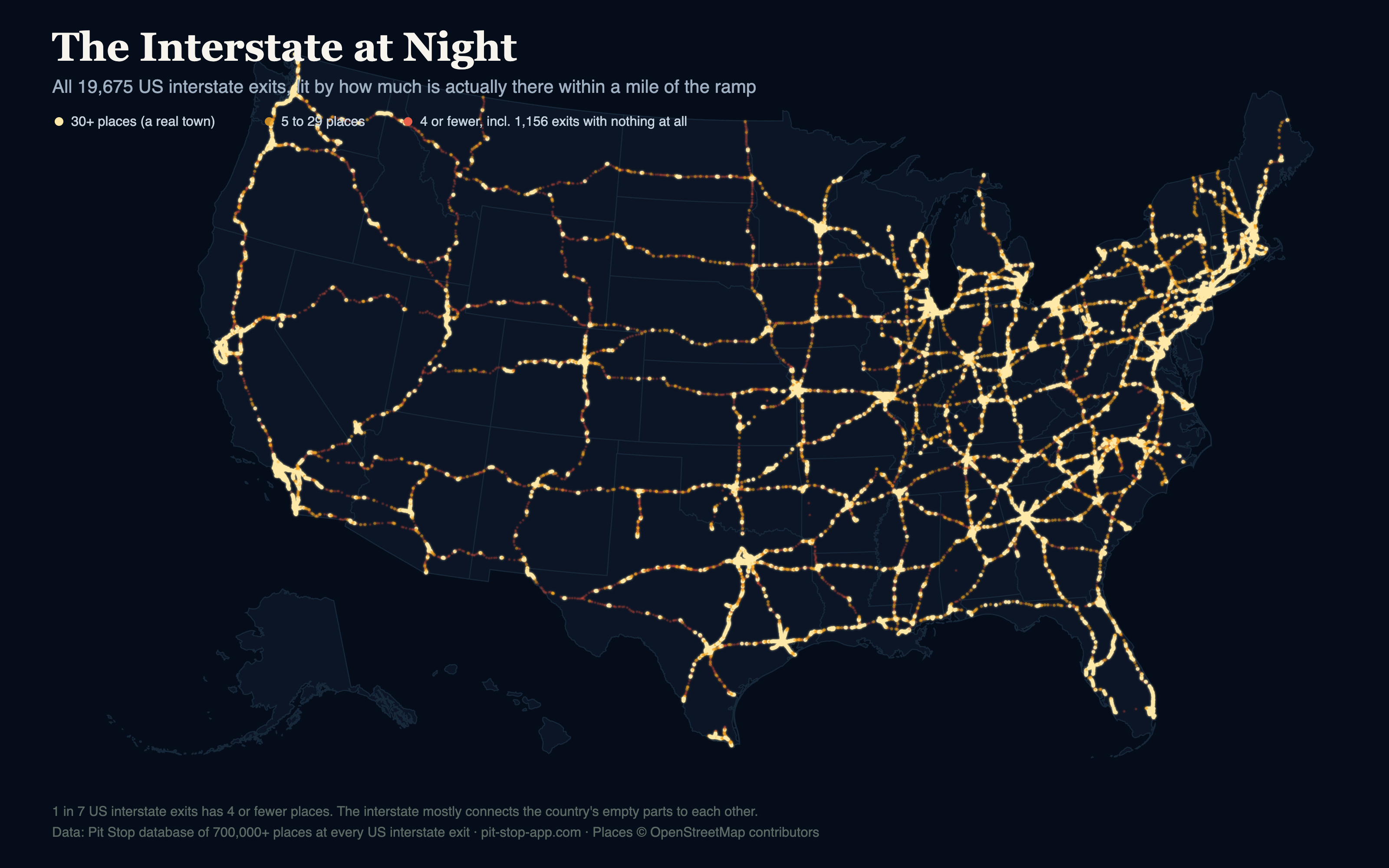 Map of all US interstate exits, brightness showing how many places are within a mile of each ramp