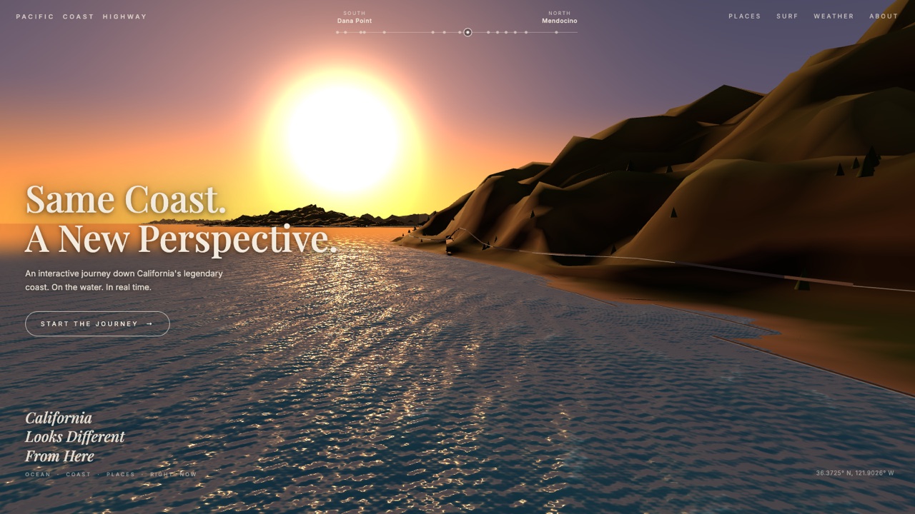 3D rendering of the Big Sur coast at sunset seen from offshore, with Highway 1 etched into the cliffs and the sun low over the Pacific