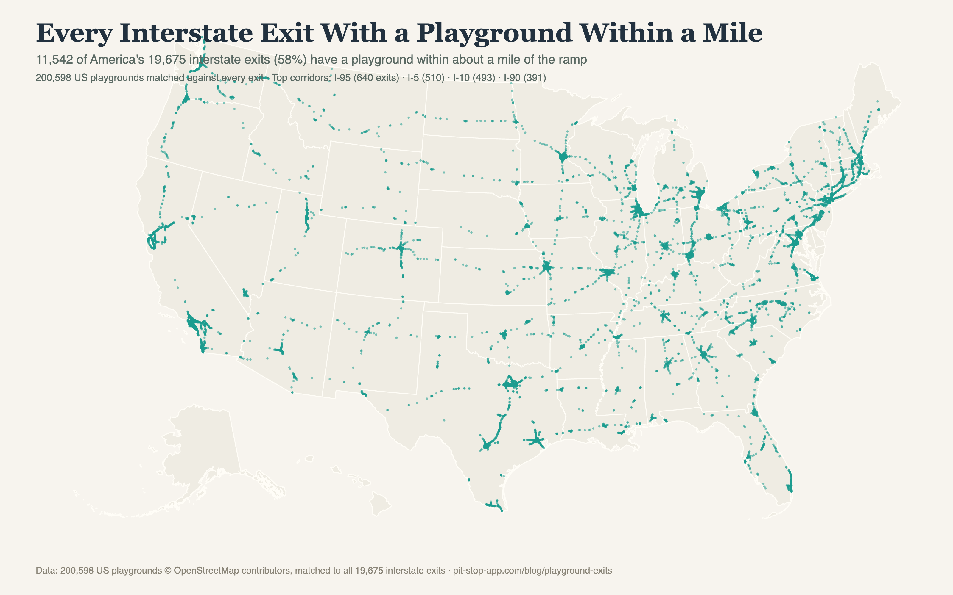Map of every US interstate exit with a playground within a mile