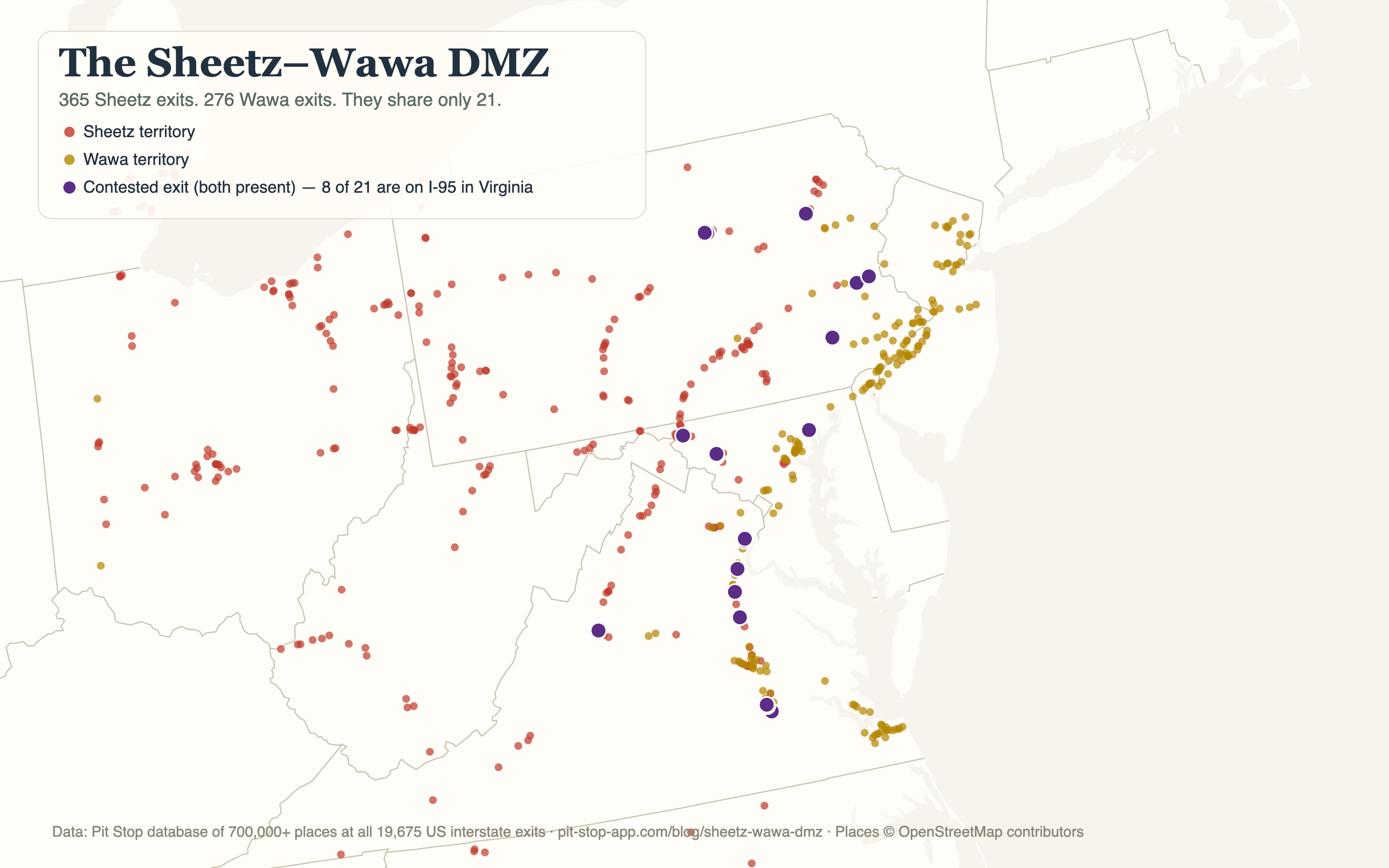 Map of Sheetz and Wawa territory across the mid-Atlantic, with 21 contested exits highlighted