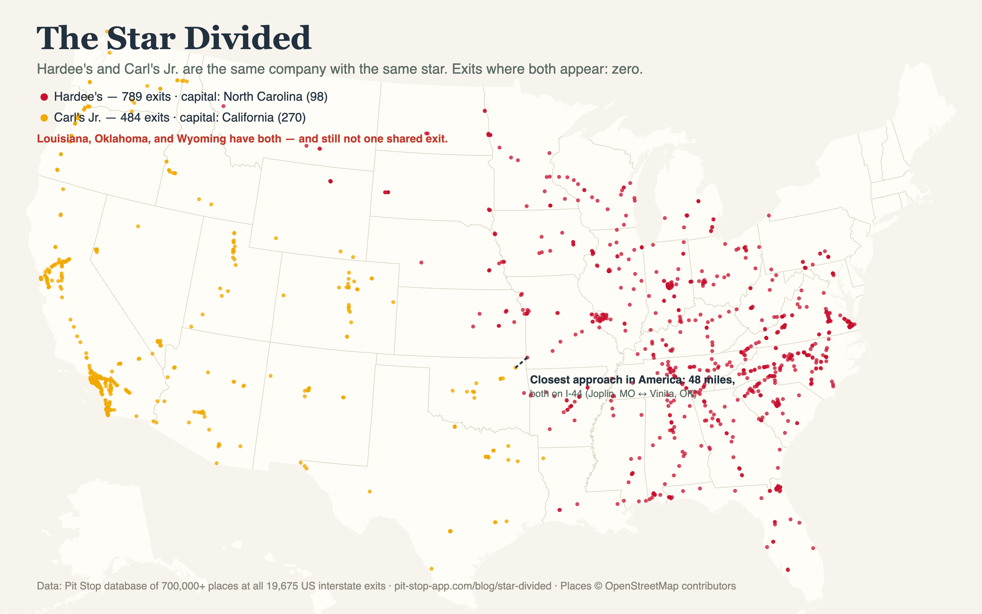 Map of Hardee's and Carl's Jr. exits across the US, showing zero overlap