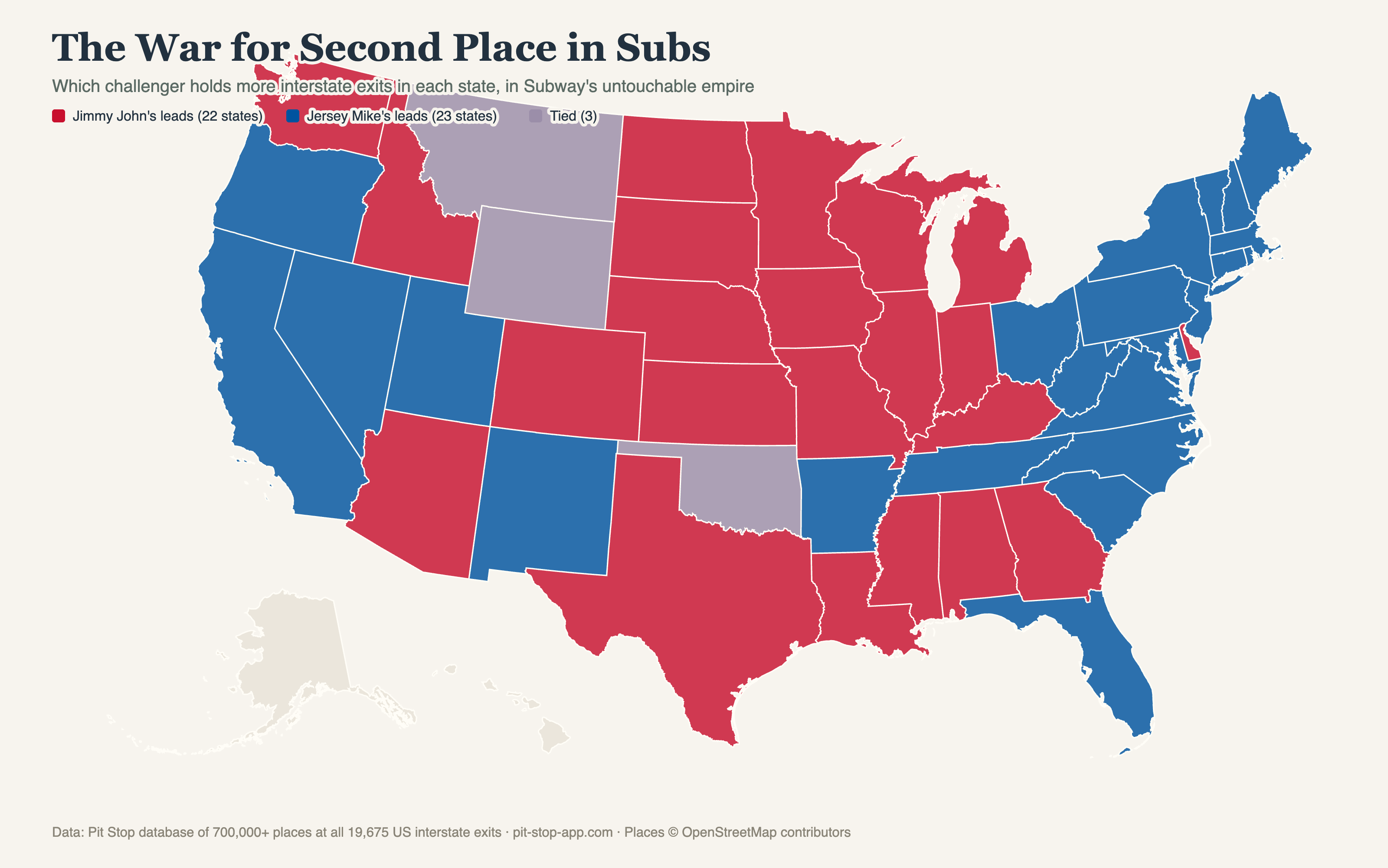 US state map colored by whether Jimmy John's or Jersey Mike's holds more interstate exits in each state