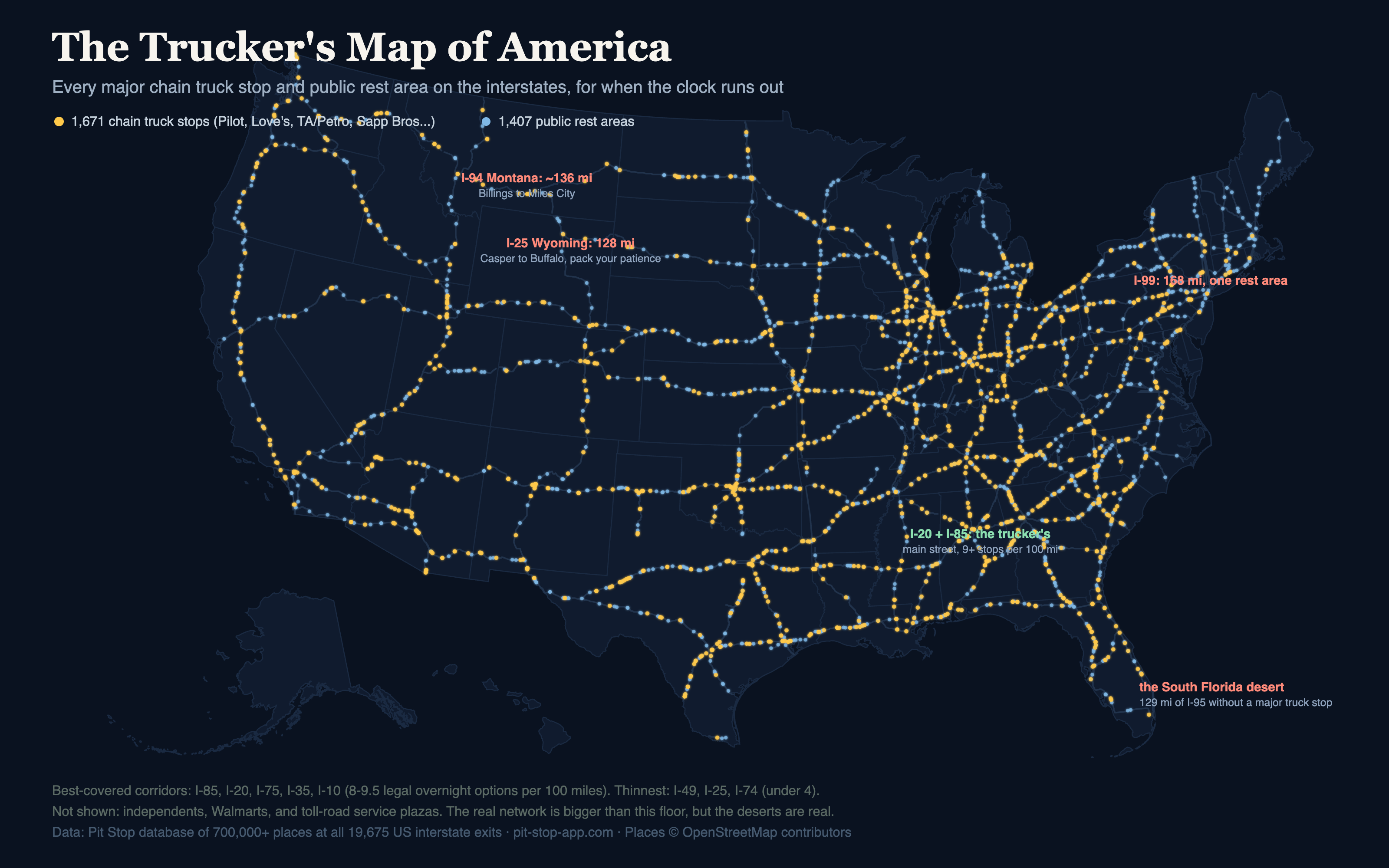 Dark map of the US interstate system showing 1,671 chain truck stops in gold and 1,407 public rest areas in blue