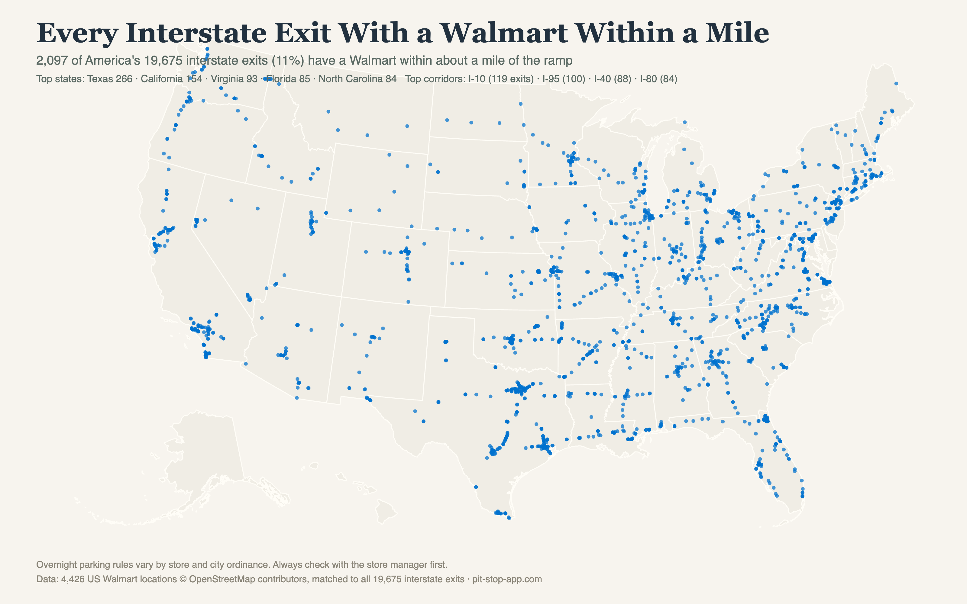 Map of every US interstate exit with a Walmart within a mile of the ramp
